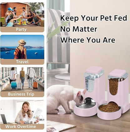 2 Pack Automatic Cat Feeder and Stainless Steel Water Dispenser, Gravity Dog Waterer Set Food Feeder and Waterer Set for Small Medium Kitten Puppy Pets(1 Gallon x 2, Violet)