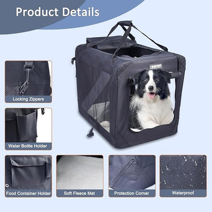 JESPET 36'' Soft Dog Crates Kennel for Pets, 3 Door Soft Sided Folding Travel Pet Carrier with Straps and Fleece Mat for Dogs, Cats, Rabbits, Grey Blue Beige & Black (36" L x 24" W x 27" H, Black)