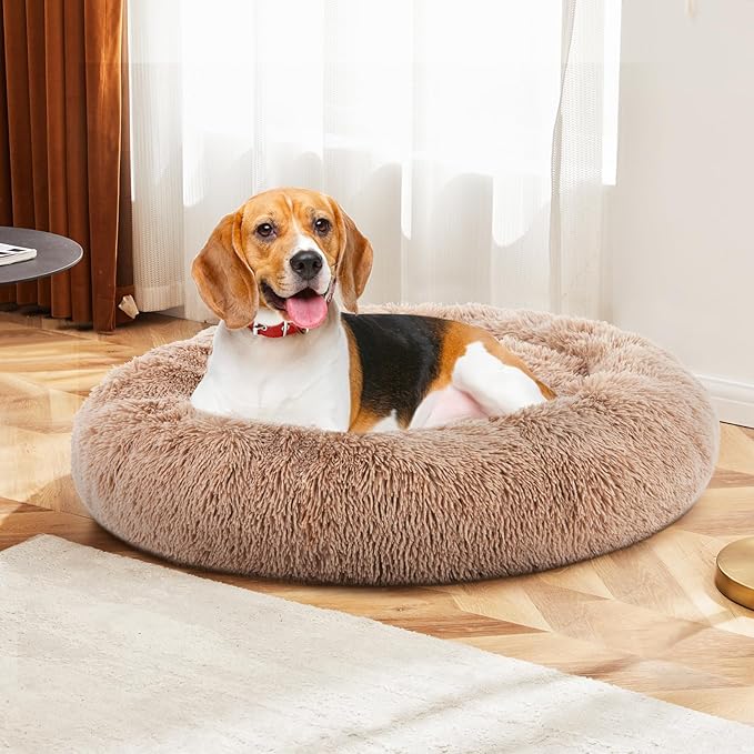 DUMOS 30.7x30.7 Inch Calming Donut Dog Beds for Large Dogs, Machine Washable Cuddler Warming Cozy Fluffy Faux Fur Plush Round Pet Bed, Anti-Slip Bed for Indoor Dogs and Cats, Brown