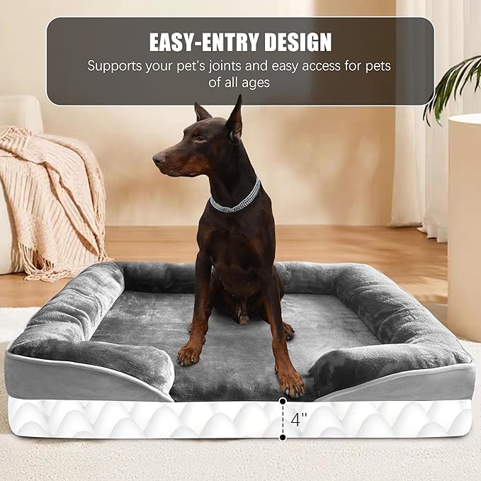 Spotted Play Orthopedic Dog Bed with Sides - Dog Sofa Beds for Extra Large Dogs, Supportive Foam Pet Couch Bed with Washable Removable Cover, Waterproof Lining and Non-Slip Bottom, Grey - XXL
