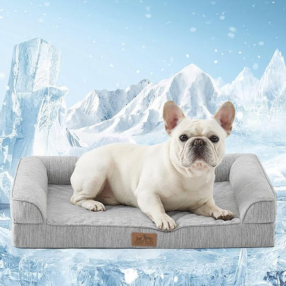 COZY KISS Cooling Dog Bed, Orthopedic Foam Dog Bed with Sides, Removable Washable Cover & Waterproof Lining and Nonskid Bottom, Comfortable Pet Beds for Small Dogs, Grey (30" L x 20" W x 6" Th)