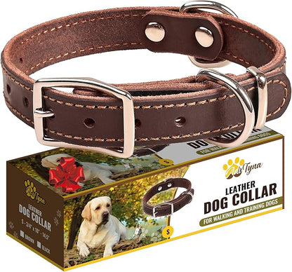 Heavy Duty Leather Dog Collar for Small Dogs - Soft and Strong Dog Collar for Puppy (Small: Fit 10" - 14.5" Neck, Brown)