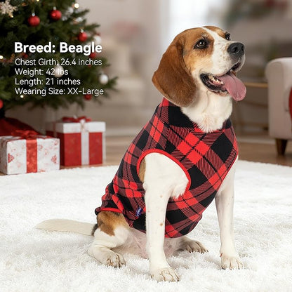 cyeollo 2 Pack 2XL Dog Sweater, Warm Fleece Doggy Vest Pullover Sweatshirt Dog Jacket Reflective Stretchy Pet Clothes Cold Weather Coats for Medium to Large Dogs Boy & Girl, Red & Buffalo Plaid XXL