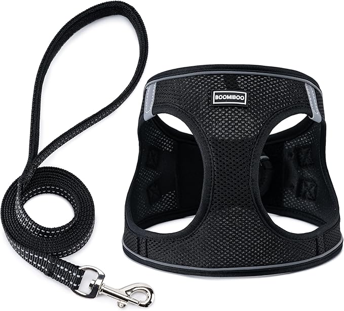 BOOMIBOO Dog Harness with Leash Set, No Pull Adjustable Reflective Step-in Puppy Pet Vest Harnesses for Small Medium Large Dogs and Cats,Black M