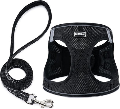 BOOMIBOO Dog Harness with Leash Set, No Pull Adjustable Reflective Step-in Puppy Pet Vest Harnesses for Small Medium Large Dogs and Cats,Black L