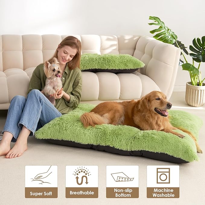 EHEYCIGA Fluffy Dog Crate Bed for Large Dogs, Plush Faux Fur Crate Pad, Calming Anti Anxiety Large Dog Bed, Washable Soft Warm Mat with Non-Slip Bottom, Green