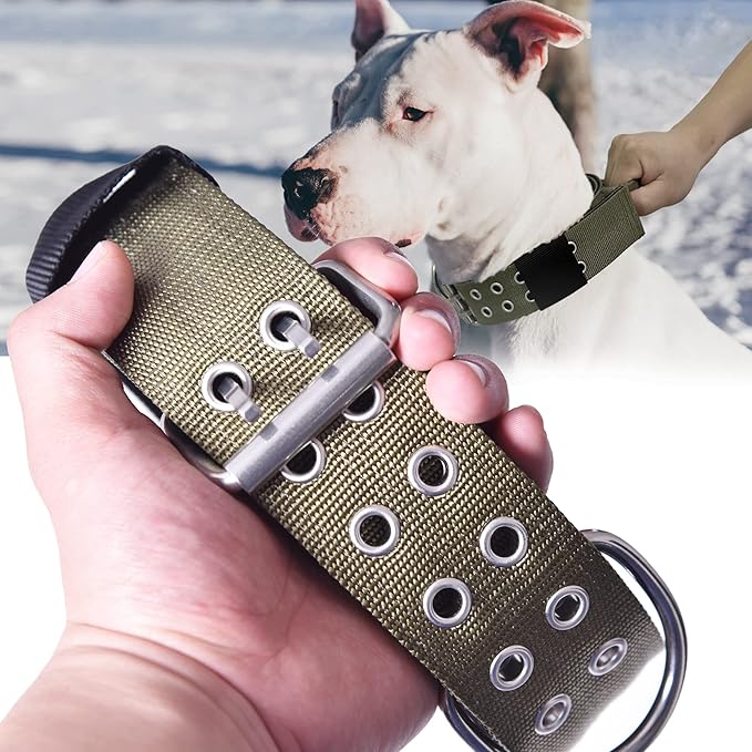 Large Dog Collar Heavy Duty- 2 inches Wide Tactical Dog Collar with Handle for Gaint Dogs, Extra Strong Nylon with Stainless Hardware, Military Green 13.5-19 in