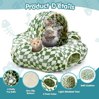 OUHOU Cat Bed and Tunnel Toy - Cat Donut with Straight Tunnel, Washable Cushion, 4 Hanging Balls, 6 Peek Holes, Collapsible, Green