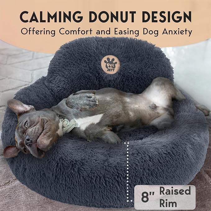 PetJett Calming Small Dog Bed - 23'' Round Dog Beds, Anti-Slip & Washable Puppy Bed - Super Soft Fluffy Plush Faux Fur Pet Bed, Anti-Anxiety Premium Comfort Donut Bed, Fits Dogs upto 25 lbs, Dark Gray