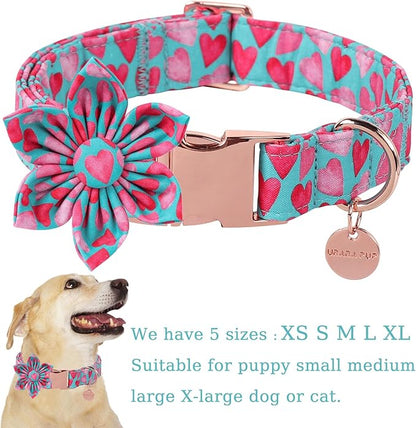 UP URARA PUP Valentine Dog Collar with Flower, Heart Flower Collar for Puppy Girl Boy Dog or Cat, Comfortable Dog Collar Flower with Durable Metal Buckle, Cute Pet Collar, M, Neck 13.5-22in
