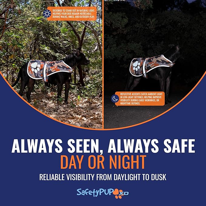 SafetyPUP XD Dog Reflective Vest – Hi-Vis Fluorescent Visibility That Helps to Safeguard Your Pet On/Off Leash in Urban & Rural Areas (Camo, X-Large)