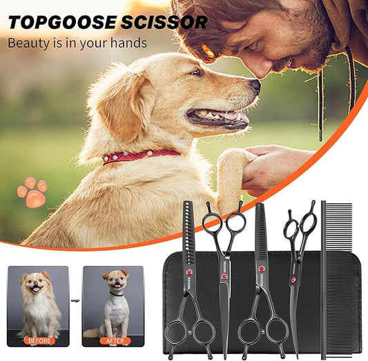TOPGOOSE Dog Grooming Scissors Kit, Professional 6 in 1 Pet Scissors Sharp Shears Set - Straight, Thinning, Chunker, Curved Shears and Comb for Long Short Hair for Dog Cat (Set, Black)