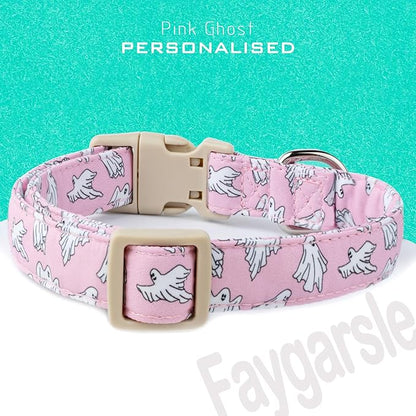 Faygarsle Pink Ghost Pattern Dog Collar with Charm, Halloween Pet Necklace, Adjustable Collar for Small Medium Large Dogs M