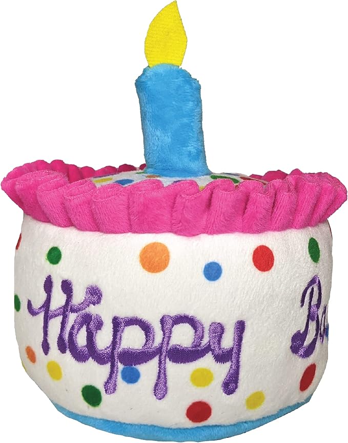 Huxley & Kent Funny Dog Toy w/Squeaker – Power Plush Squeaky Dog Toys for Small, Medium & Large Dogs – Soft Stuffed Animal for Indoor Play & Fetch - Happy Barkday Cake, Small