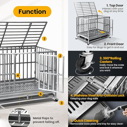 Oranland 38 inch Heavy Duty Indestructible Dog Crate,2025 New Upgraded Reinforced Baseplate for Large Dogs,XL Dog Crate for High Anxiety Dogs/Max Load Capacity 200lbs/Double Door with Wheels（Silver）