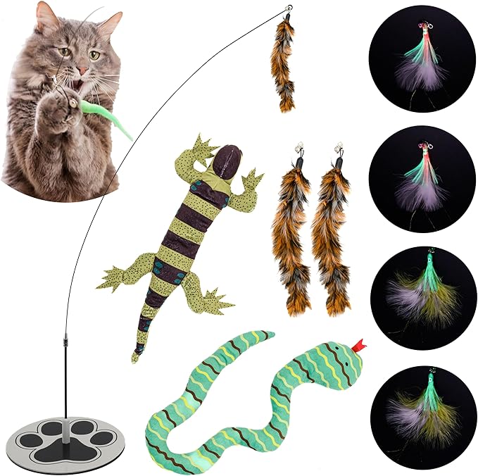 GADGETSOLOGY Cat Wand Toy with Round Base – Interactive Feather & Glow-in-The-Dark Octopus Attachments – Suction Cup Cat Toy for Indoor Cats & Kittens