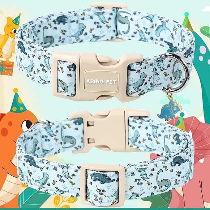 ARING PET Dinosaur Dog Collar, Blue Summer Pet Collars with Quick Release Buckle for Puppy Small Medium Large Boy Girl Dogs-M