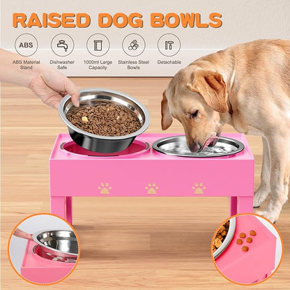 LAKIPETN Elevated Dog Bowls with 2 Stainless Steel Bowls, Raised Dog Food Bowl Stand 5 Height Adjustable (3.1", 9", 10", 11", 12") Non-Slip Feeder Set for Medium and Large Dogs - Pink
