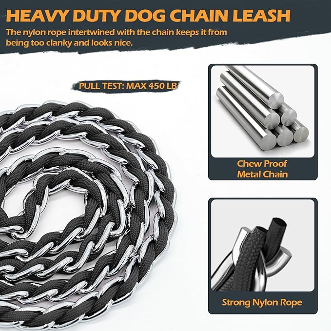 Dog Leash Chew Proof, Chain Leash Anti Chew Dog Leash for Large Dogs Heavy Duty, Indestructible Metal Leash Anti Bite Chain Link with Woven Cord Soft Padded Handle (Black, 4FT)