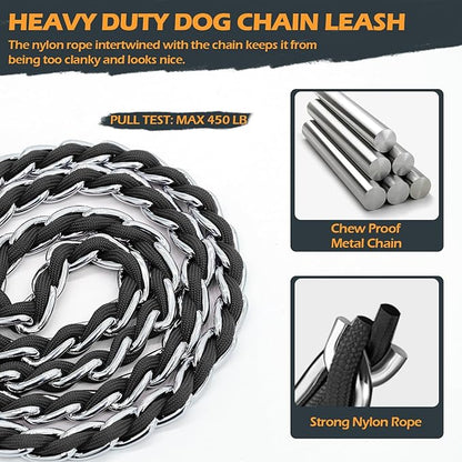 Dog Leash Chew Proof, Chain Leash Anti Chew Dog Leash for Large Dogs Heavy Duty, Indestructible Metal Leash Anti Bite Chain Link with Woven Cord Soft Padded Handle (Black, 4FT)