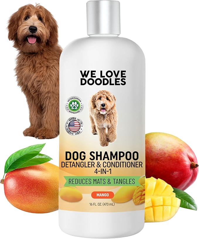 We Love Doodles Dog Shampoo, Conditioner, & Detangler - Shampoo for Dogs, Goldendoodles, Poodles & Doodles, for Matted Pet Hair & Sensitive Skin, Made in The USA, Mango, 16 oz