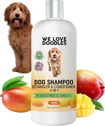 We Love Doodles Dog Shampoo, Conditioner, & Detangler - Shampoo for Dogs, Goldendoodles, Poodles & Doodles, for Matted Pet Hair & Sensitive Skin, Made in The USA, Mango, 16 oz