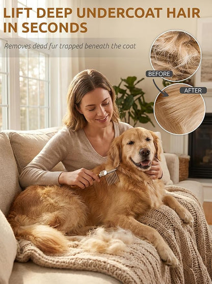 TAKAVU Dematting Fur Rake Comb Brush for Dogs & Cats - Undercoat Comb with Safety Blades for Removing Knots, Mats & Tangles - Grooming Tool for Poodles, Doodles, Long Haired Pets