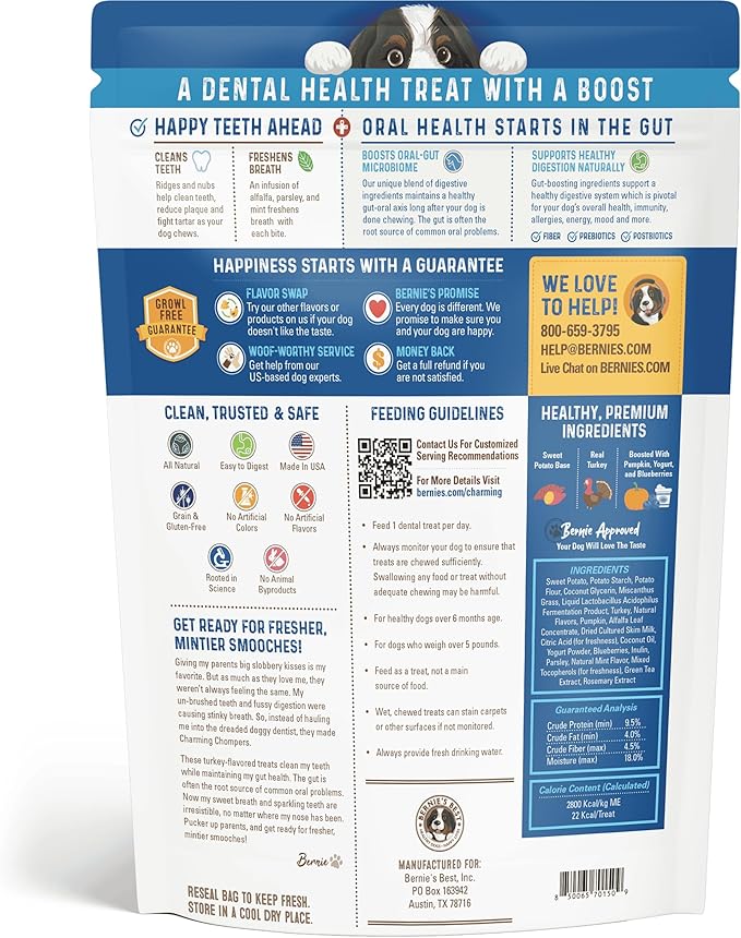 Bernie's Charming Chompers - Daily Dental Chews for Dogs 5-15 Lbs. - 22 Count - Cleans Teeth, Freshens Breath, + Boosts Oral-Gut Microbiome. Easy to Digest, Supports Healthy Digestion Naturally