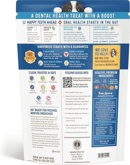 Bernie's Charming Chompers - Daily Dental Chews for Dogs 5-15 Lbs. - 22 Count - Cleans Teeth, Freshens Breath, + Boosts Oral-Gut Microbiome. Easy to Digest, Supports Healthy Digestion Naturally
