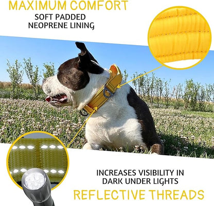 ADITYNA Heavy Duty Dog Collar for Extra-Large Dogs - Reflective Yellow Collar with Handle for Training, and Walking - Wide, Thick, Tactical, Soft Neoprene Padded