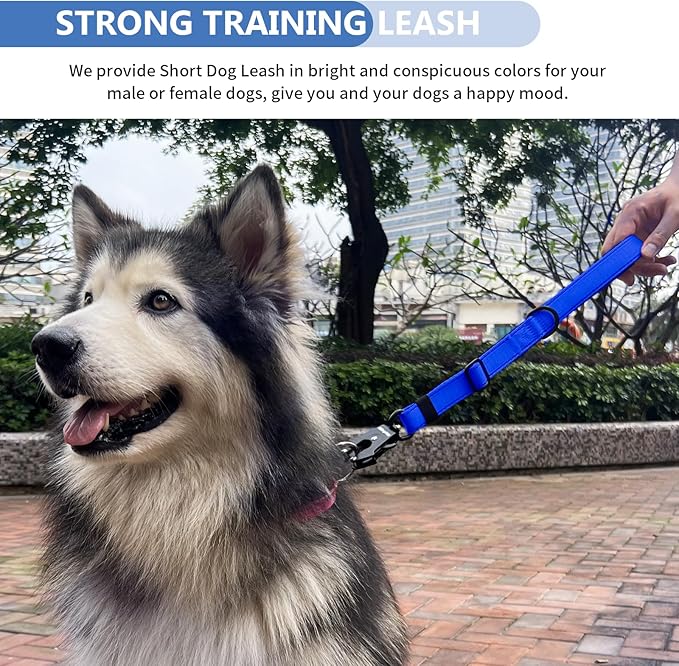Strong Heavy Duty Dog Leash - Adjustable 15"-18" Reflective Nylon Training Leash with Padded Handle & Frog Clip, Traffic Control for Large Medium Dogs No Pull Walking Dark Blue