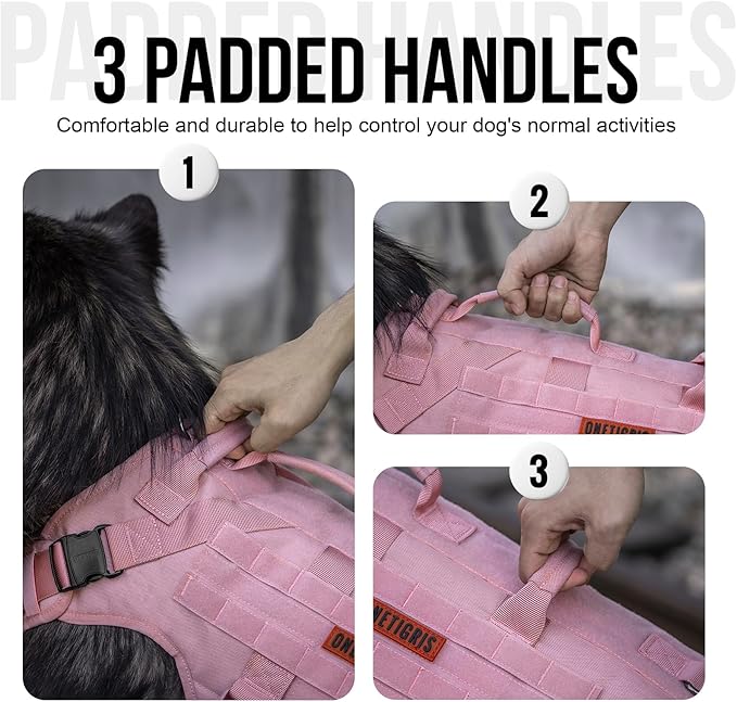 OneTigris Large Tactical Dog Harness, No Pulling Adjustable Dog Vest Harness, Heavy Duty Dog Harness with Handle, Large Hook and Loop Panels for Patch(Pink,M)