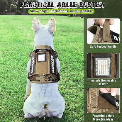MOOGROU Tactical Dog Harness and Leash Set Small Sized Dog,Heavy Duty No Pull Service Dog Vest and 10 Patches with Dog Seat Belt,Reflective Adjustable Pet Harness for Training Walking Hiking Camo S