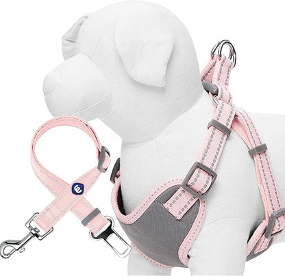 Blueberry Pet Pastel Colored Reflective Dog Harness with Seatbelt Clip – Adjustable No-Pull Pet Vest for Walking and Car Safety, Medium in Baby Pink