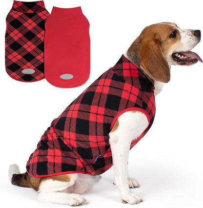 cyeollo 2 Pack Small Fleece Chritsmas Dog Sweater, Stretchy Pullover Soft Dog Jacket Reflective Female & Male Sweatshirt Pet Clothes Coats for Small Dogs Boy & Girl, Red & Buffalo Plaid L