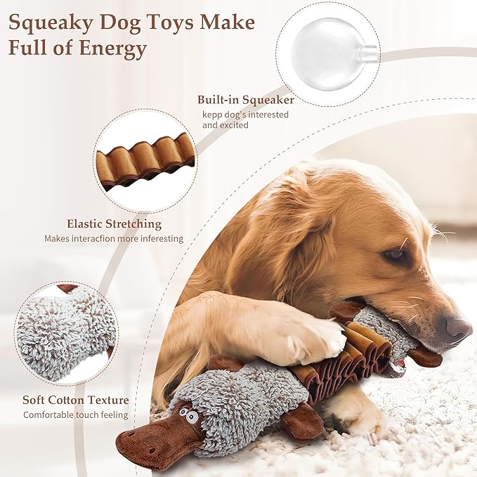 BUYPOW Squeaky Dog Toys, Interactive Tug of War Puppy Toys, Funny Plush Dog Chew Toys, Stuffed Dog Toys for Small,Medium and Large Dogs - Platypus