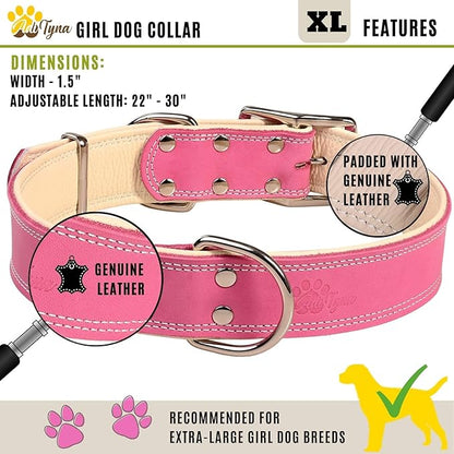 ADITYNA Heavy-Duty Pink Leather Dog Collar for Extra-Large Dogs - Soft Padded for Comfort - Big Girl Dog Collar for Walking, Training, and Hiking