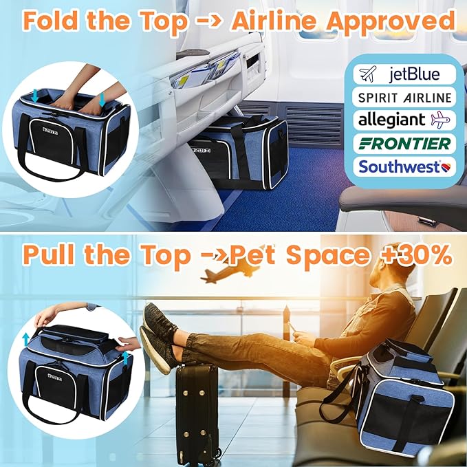 Petskd Top-Expandable Pet Carrier 17x12x8.5 Inches JetBlue Allegiant Spirit Airline Approved, Soft-Sided Carrier for Small Cats and Dogs with Locking Safety Zippers and Anti-Scratch Mesh(Blue)