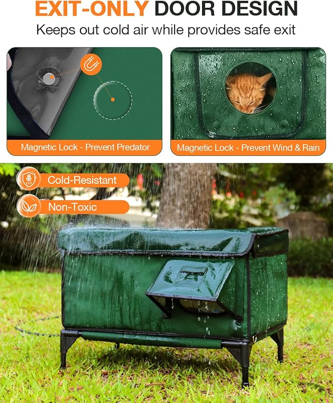Indestructible Heated Cat House for Outside Winter, 100% Waterproof, Safe Escape Door, Insulated Outdoor Cat Shelter with Heater for Feral Barn Cat Kitty (Green, 27"x17"x18")