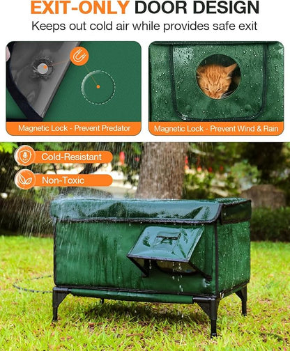 Indestructible Heated Cat House for Outside Winter, 100% Waterproof, Safe Escape Door, Insulated Outdoor Cat Shelter with Heater for Feral Barn Cat Kitty (Green, 27"x17"x18")
