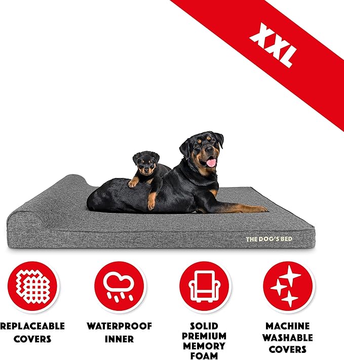The Dog’s Bed Orthopedic Headrest Dog Bed XXL Grey Linen, Memory Foam, Pain Relief for Arthritis, Hip & Elbow Dysplasia, Post Surgery, Lameness, Waterproof Washable Cover, Veterinary Approved