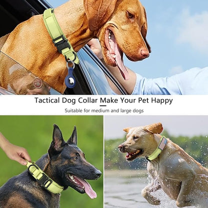 DAGANXI Tactical Dog Collar, Adjustable Military Training Nylon Dog Collar with Control Handle and Heavy Metal Buckle for Medium and Large Dogs, with Patches and Airtags Case (L, Spring Grass)