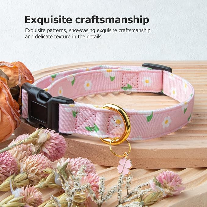 Cotton Handmade Dog Collar Cute and Distinctive Patterns Pink Flower with Pendant for Girl Boy Dogs Collars S