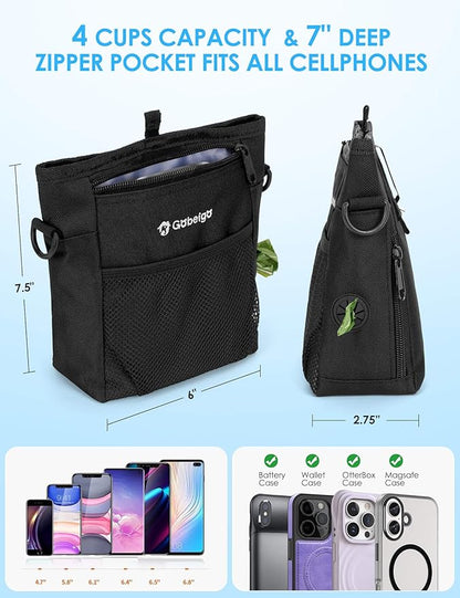Gobeigo Dog Treat Pouch with Silicone Liner, 【4 Cup】【3 Ways to Wear 】 Treat Bag with Training Clicker, Front Pocket fits All Phones, Upgrade Stronger Magnetic Closure Walking Fanny Pack (Black)