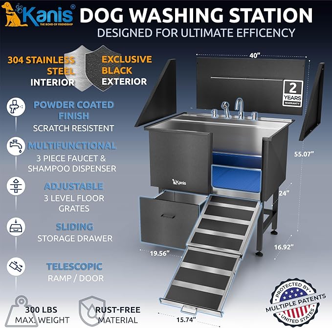 KANIS Professional Dog Washing Station - 304 Stainless Steel Pet Wash Sink & Grooming Bathtub w/Shower, Floor Grates and Storage for Large, Medium & Small Pets (40, Black 1 Drawer - Right RAMP)
