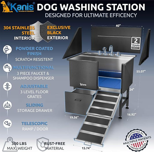 KANIS Professional Dog Washing Station - 304 Stainless Steel Pet Wash Sink & Grooming Bathtub w/Shower, Floor Grates and Storage for Large, Medium & Small Pets (40, Black 1 Drawer - Right RAMP)