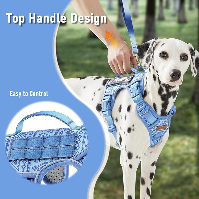 Heavy Duty Dog Harness for Large Dogs No Pull Adjustable Vest Harness with Handle Reflective K9 Military Service Puppy Vest for Walking Hiking Training, Blue Ethnic, XL