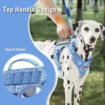Heavy Duty Dog Harness for Large Dogs No Pull Adjustable Vest Harness with Handle Reflective K9 Military Service Puppy Vest for Walking Hiking Training, Blue Ethnic, XL