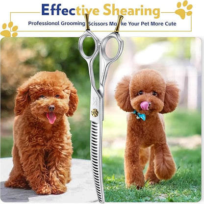 JASON 7" Dog Grooming Shears - Professional Down-curved Chunker Shears with 60%-65% Thinning Rate, Japanese 440C Stainless Steel Dog Grooming Chunkers with Adjustable Screw (28 Teeth, Silver) Gift