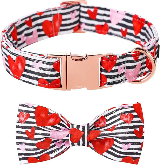 Lionet Paws Valentines Dog Collar with Bowtie, Dog Bowtie Collar with Metal Buckle for Dogs, Adjustable Comfortable Dogs Collars Girl Boy Hearts, S, Neck 10-16 in